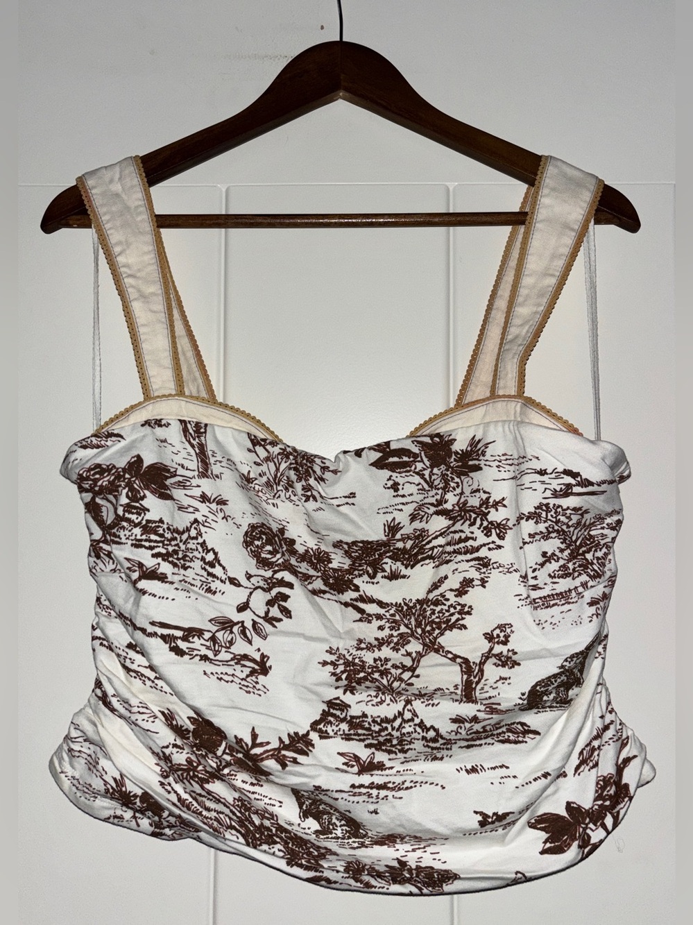 Free People Printed 2 Tone Crop Slim Fit Tank Top Brown White Women L NEW Casual